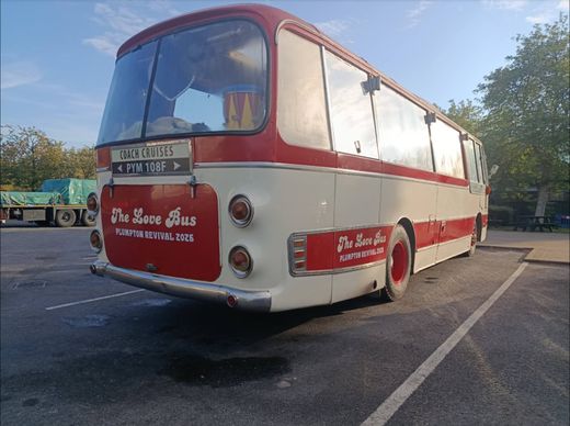 The rear of The Love Bus with Plumpton Revival 2026 lettering