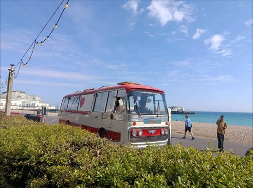 The Love Bus parked by a hedge on the Worthing seafront with the sea behind