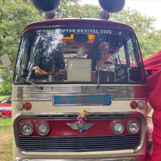 The front of The Love Bus with the Plumpton Revival 2026 sign in the windscreen