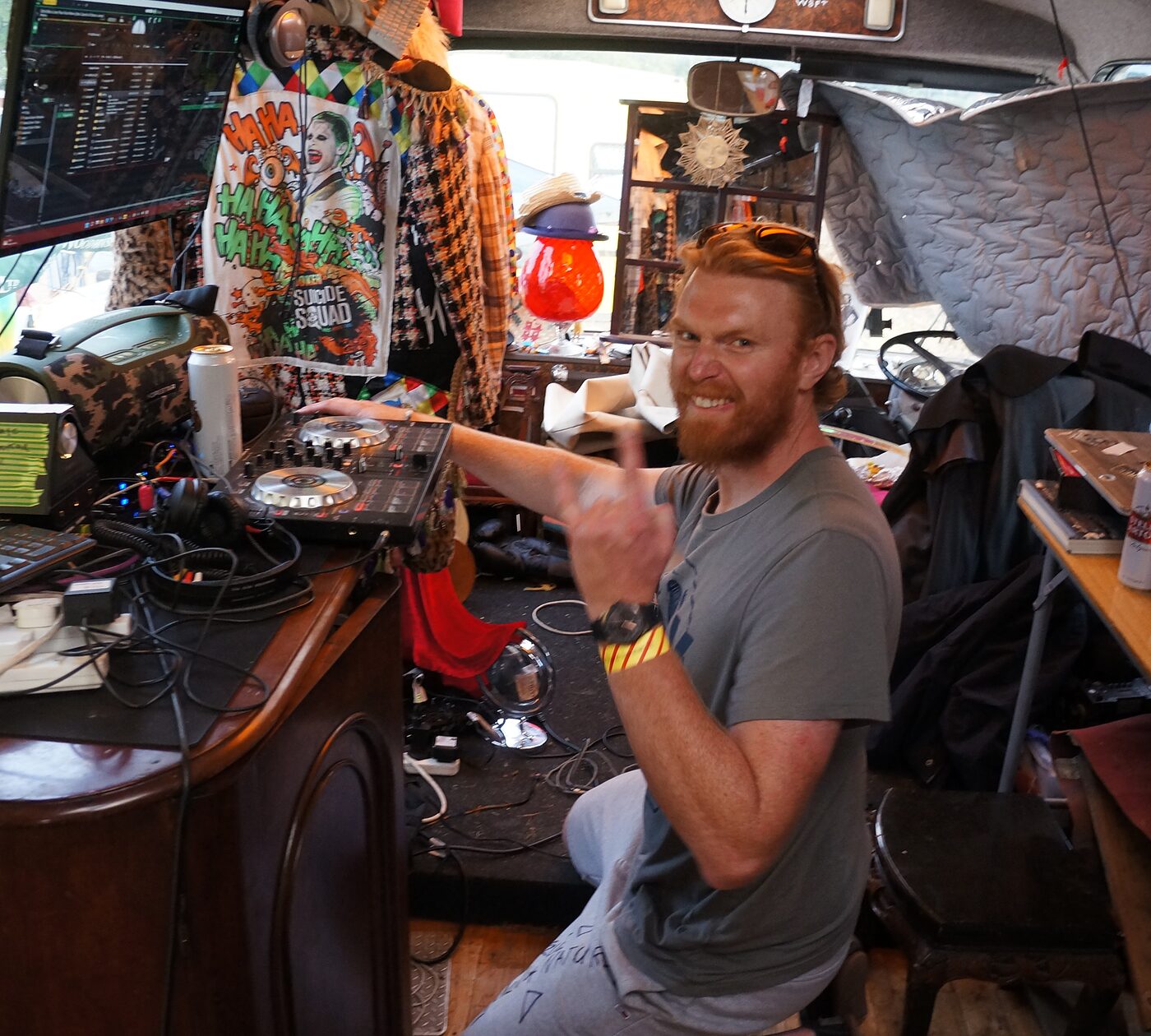 The mahogany bar inside The Love Bus