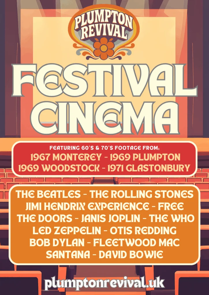 Plumpton Revival 2026 Festival Cinema featuring 1960s and 70s footage from Monterey, Plumpton, Woodstock and Glastonbury