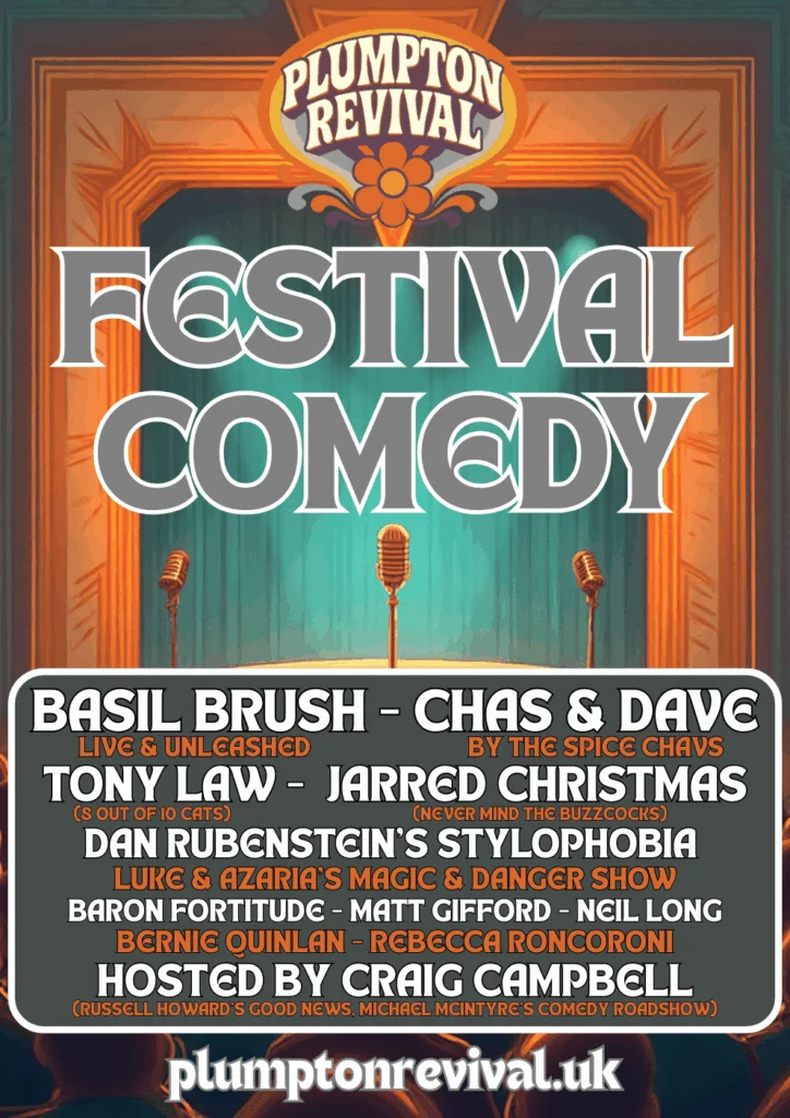 Plumpton Revival 2026 Festival Comedy line-up featuring Basil Brush, Chas & Dave, Tony Law and Jarred Christmas